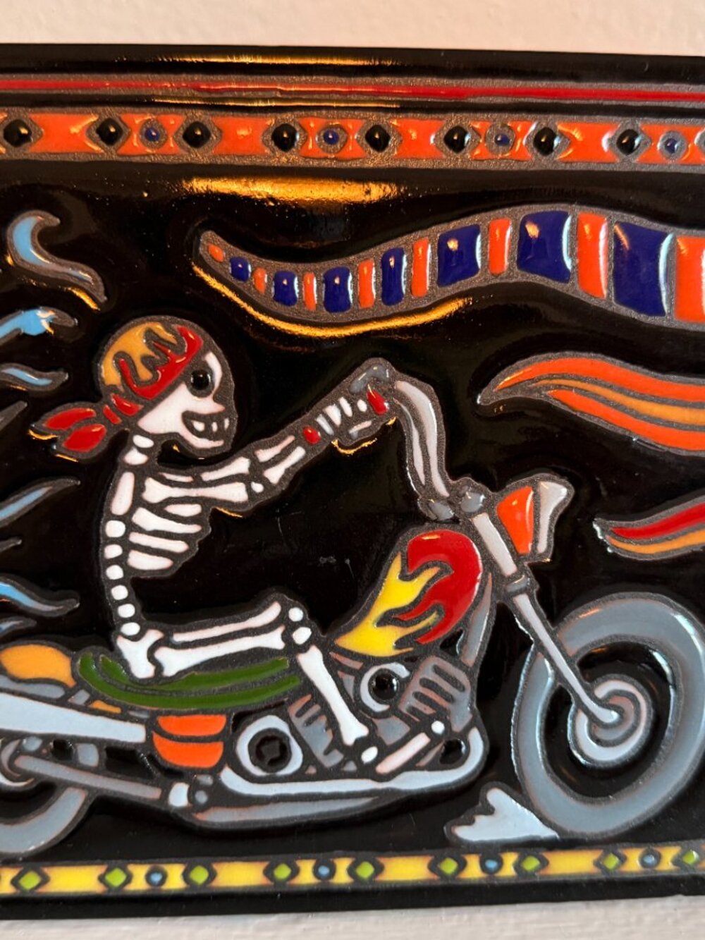 Mexican Talavera Tile Skeleton Motorcycle Day of Dead Oaxaca Folk Art 6x6
